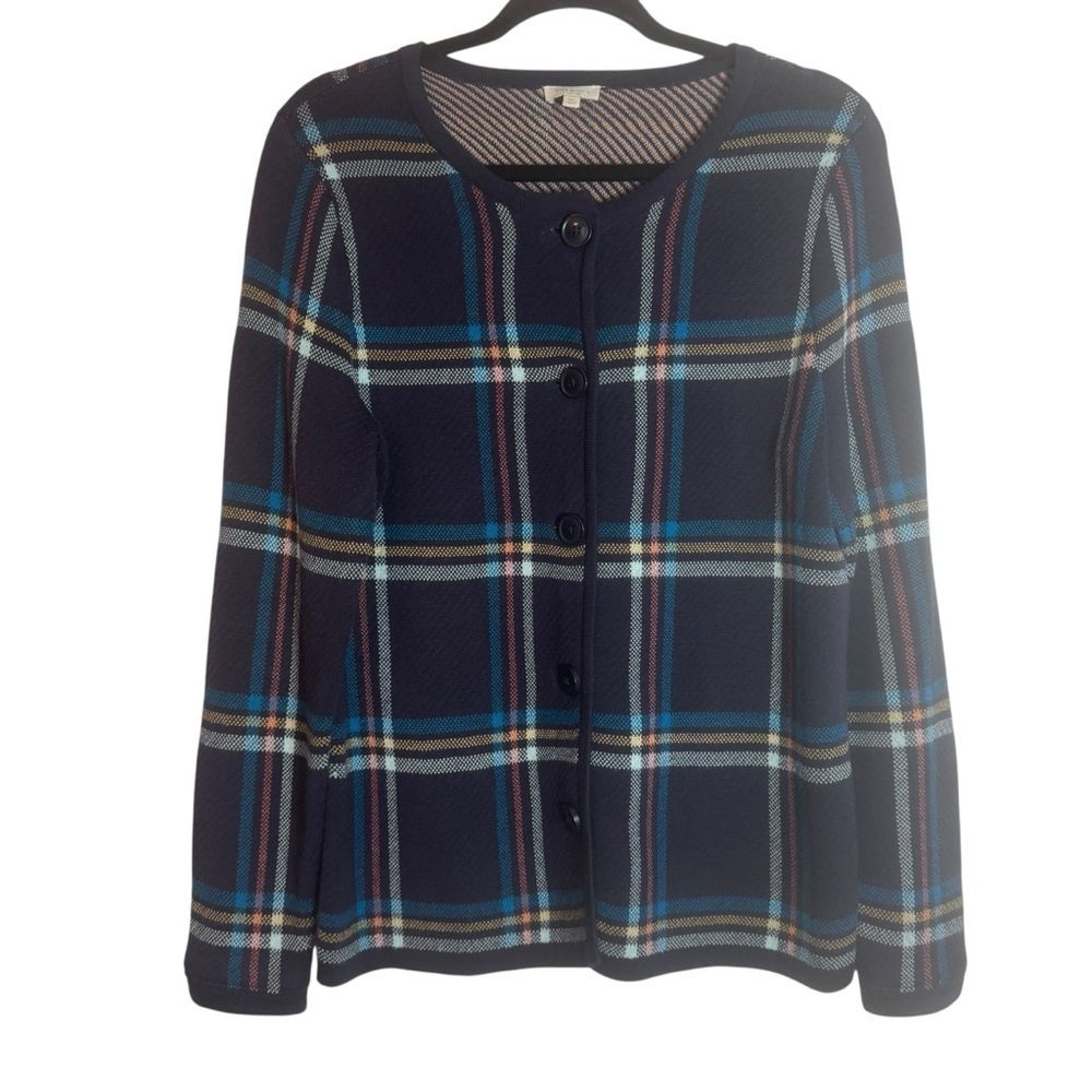 Talbots Navy Plaid Medium Petite Button Up Cardigan